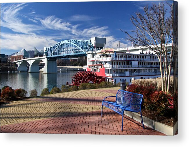 Landscape Acrylic Print featuring the photograph Market Street Bridge with the Delta Queen from Coolidge Park by Tom and Pat Cory
