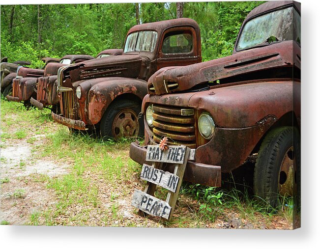 Pat Harvey's Truck Graveyard Acrylic Print featuring the photograph May They Rust in Peace by Ben Prepelka