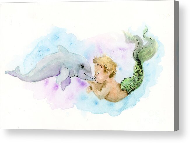 Baby Mermaid Acrylic Print featuring the painting Merboy Kiss by Lauren Heller
