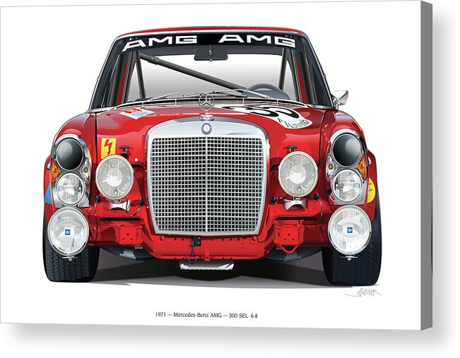 Mercedes-benz 300sel 6.3 Amg Illustration On White; Mercedes-benz 300sel 6.3 Amgimage On White; Spa Francorchamps 24 Hr; Amg Co-founder Erhard Melcher; Factory Drivers Hans Heyer And Clemens Schickentanz; Amg;  Acrylic Print featuring the digital art Mercedes-Benz 300SEL 6.3 on white by Alain Jamar