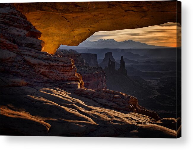 Canyon Lands Acrylic Print featuring the photograph Mesa Arch Glow by Jaki Miller