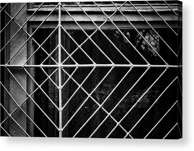 Wall Art Acrylic Print featuring the photograph Metal Spider Web Windowframe in Monochrome by John Williams