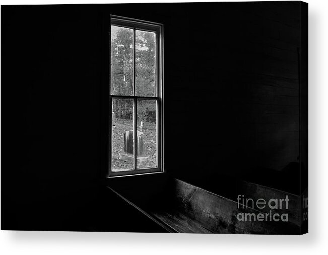Cades Cove Acrylic Print featuring the photograph Methodist Church Window at Cades Cove - B and W by John Greco