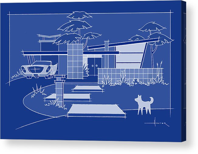 Mid-century Modern Acrylic Print featuring the digital art Mid-century blueprint, Chrysler with White Dog by Larry Hunter