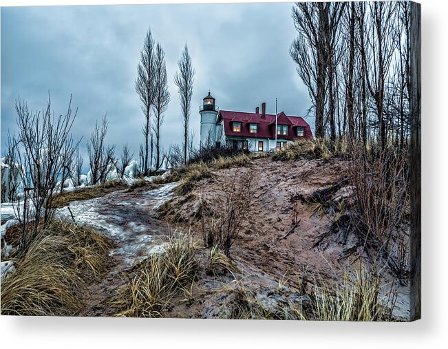 Point Betsie Lighthouse Acrylic Print featuring the photograph Mid Winter thaw by Joe Holley