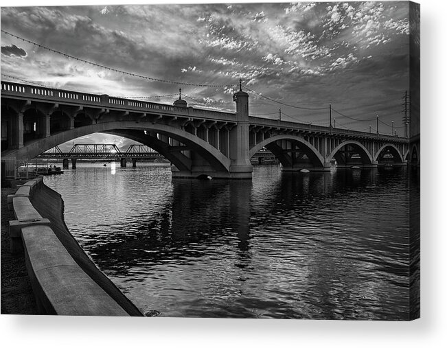 Tempe Town Lake Acrylic Print featuring the photograph Mill Avenue Bridge at Sunset Black and White by Dave Dilli
