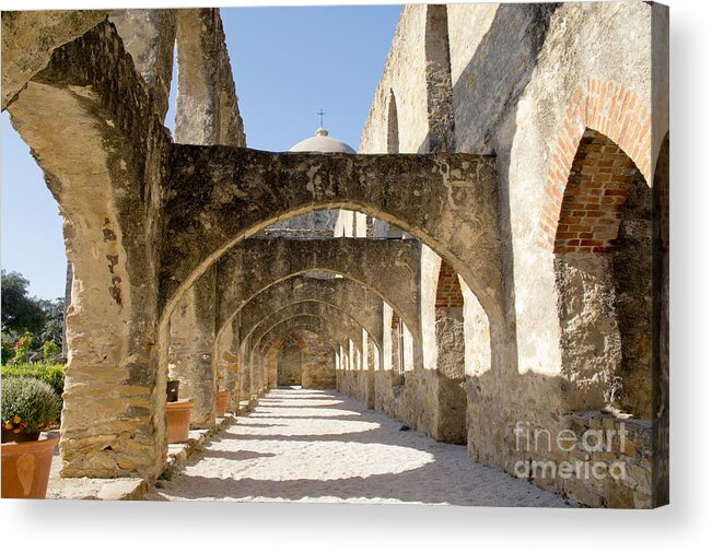 Arched Path Acrylic Print featuring the photograph Mission San Jose y San Miguel de Aguayo. Path. by Elena Perelman