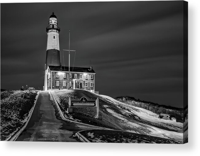 Montauck Point Lighthouse Acrylic Print featuring the photograph Montauk Point Lighthouse BW by Susan Candelario