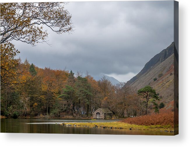 Autumn Acrylic Print featuring the photograph Moody clouds over a boathouse on Wast Water in the Lake District by Neil Alexander Photography