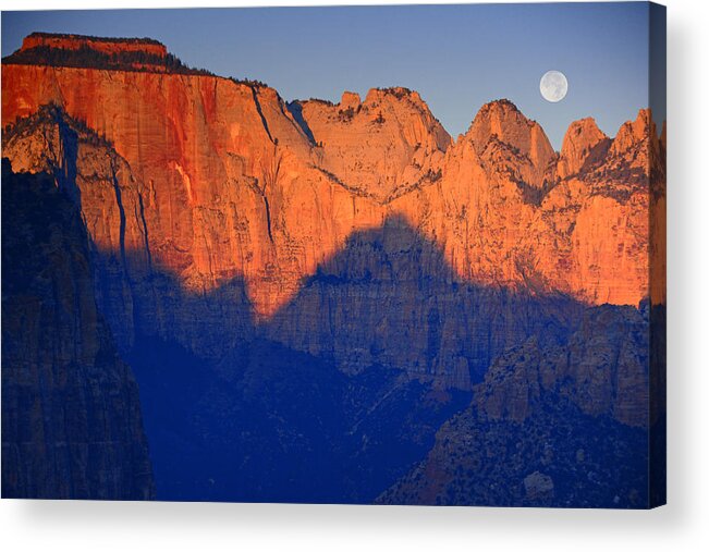 Moon Sets Over Zion National Park Acrylic Print featuring the photograph Moon Sets Over Zion National Park by Raymond Salani III