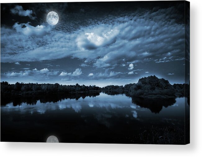 Beautiful Acrylic Print featuring the photograph Moonlight over a lake by Jaroslaw Grudzinski