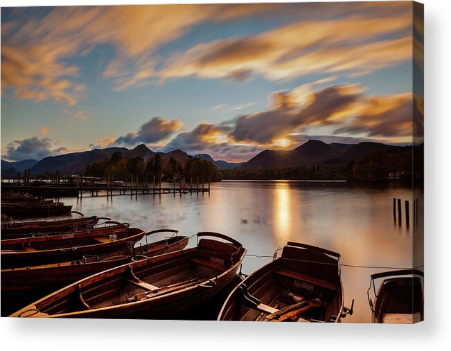 Lake District Acrylic Print featuring the photograph Moored Boats Derwent Water. by Maggie Mccall