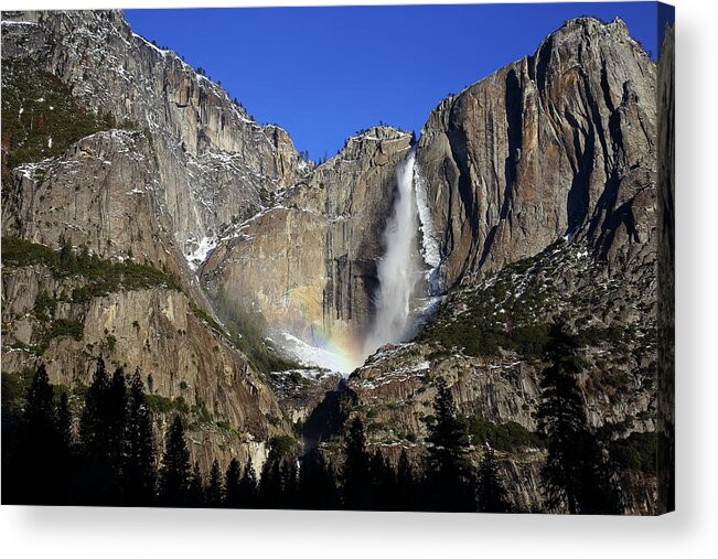 Upper Acrylic Print featuring the photograph Morning light on Upper Yosemite Falls in Winter by Jetson Nguyen