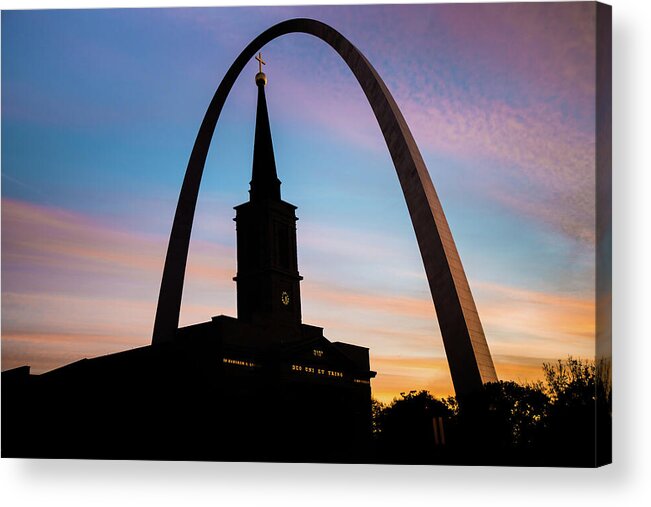 America Acrylic Print featuring the photograph Morning Silhouettes - St. Louis Gateway Arch and the Old Cathedral at Sunrise by Gregory Ballos