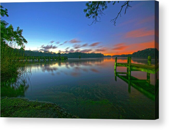 Sky Water Lake Pond Pier Stars Cloud Clouds Tree Trees Shore Beach Acrylic Print featuring the photograph Morning Star by Robert Och