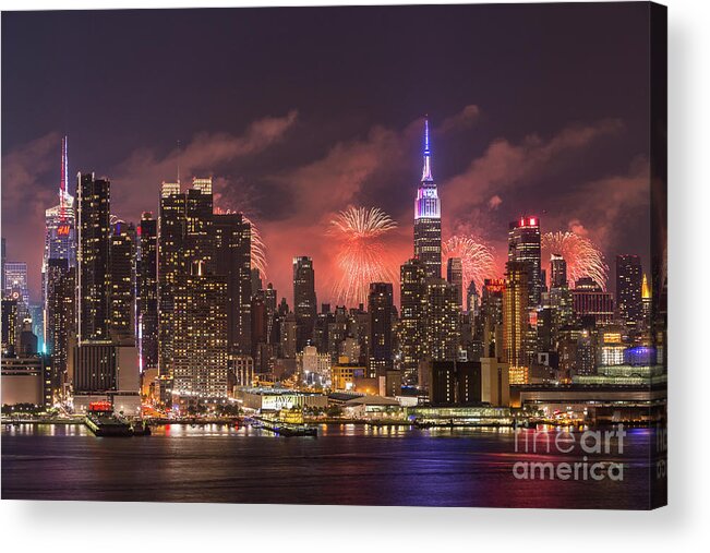 Clarence Holmes Acrylic Print featuring the photograph New York City Skyline and Fireworks III by Clarence Holmes