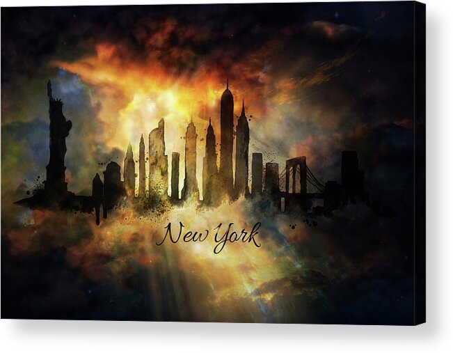 New York Skyline Acrylic Print featuring the painting New York city Skyline in the clouds by Lilia S