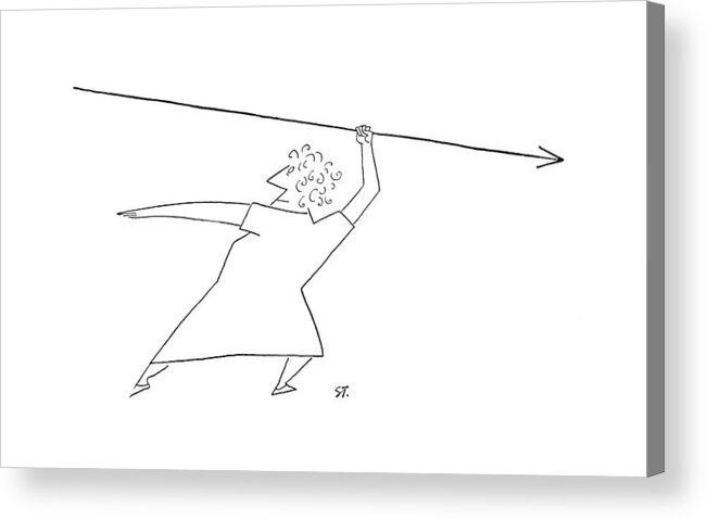 96502 Sst Saul Steinberg (stout Woman Throwing A Javelin Handle-end First.) Athletes Athletics Backward Backwards ?rst Gender Handle-end Incompetence Incompetent Javelin Sport Sports Stout Throwing Woman Acrylic Print featuring the drawing New Yorker April 19th, 1952 by Saul Steinberg