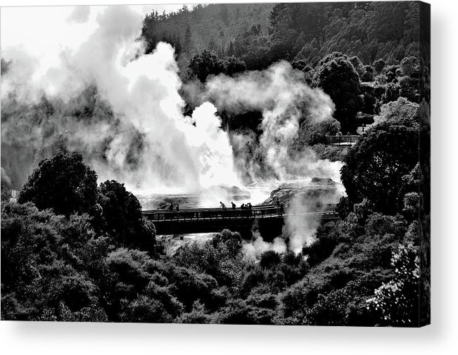 New Zealand. Black And White. Steam. Steam Clouds. Silhouettes. Silhouettes Against Steam. Steam Silhouettes. Steam-bush Patterns. Steam-bush Collage. Surreal. Steam Surreal. Acrylic Print featuring the photograph New Zealand - Figures Against Hot-Steam - Black and White by Jeremy Hall
