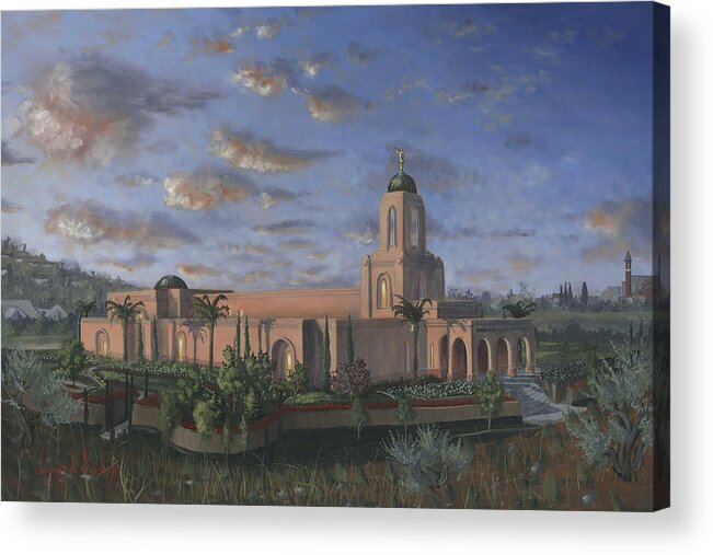 Temple Acrylic Print featuring the painting Newport Beach Temple by Jeff Brimley