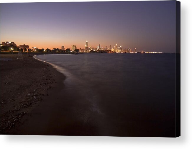 Night Beach Acrylic Print featuring the photograph Night Beach and Chicago Skyline by Sven Brogren