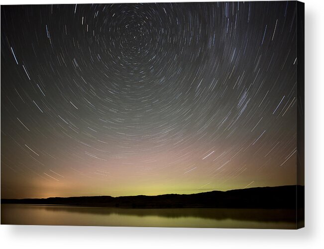 Night Acrylic Print featuring the photograph Night Shot Star Trails lake by Mark Duffy