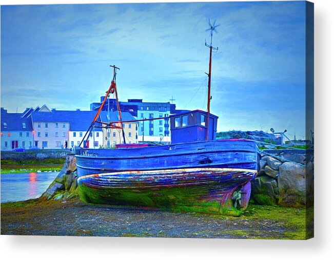 Boats Acrylic Print featuring the photograph Nightfall at the Port in Galway Painting by Debra and Dave Vanderlaan