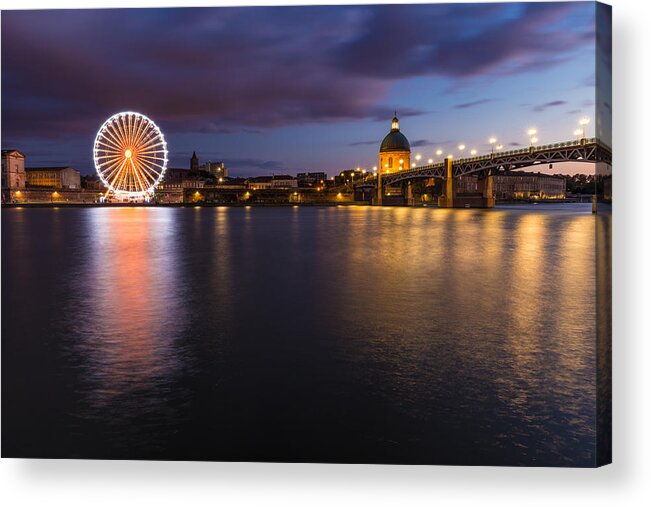 Bridge Acrylic Print featuring the photograph Nightly view of a spinning ferris wheel by Semmick Photo