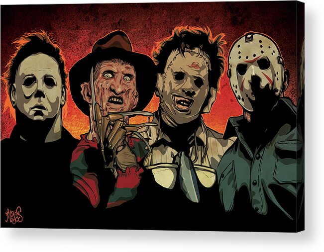 Michael Myers Freddy Krueger Leatherface Texas Chainsaw Massacre Jason Voorhees Friday The 13th Nightmare Elm Street Halloween Scary Horror Terror Movie Film Monster Slasher Classic Flick Poster Killer Illustration Drawing Portrait Digital Acrylic Print featuring the drawing Nightmare by Miggs The Artist
