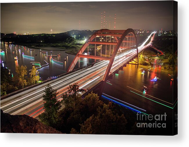 Loop 360 Boat Ramp Park Acrylic Print featuring the photograph Nighttime boats cruise up and down the Loop 360 Bridge, a boater by Dan Herron
