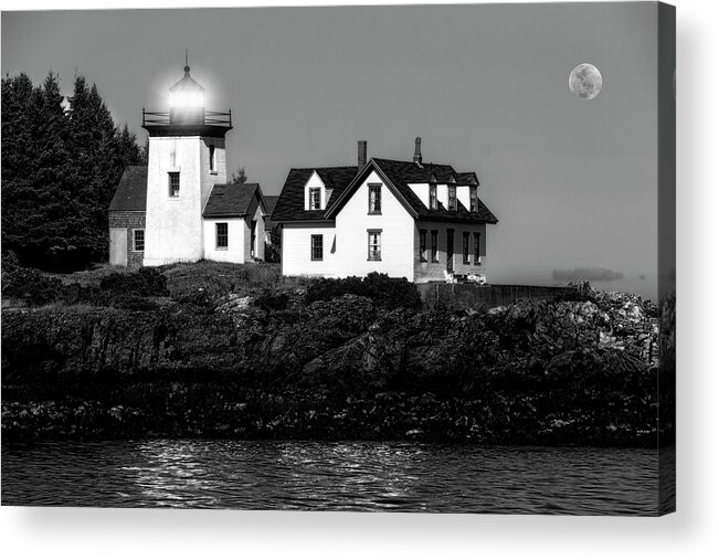 Lighthouse Acrylic Print featuring the photograph Nighttime Lighthouse in Maine in Black and White by Kay Brewer