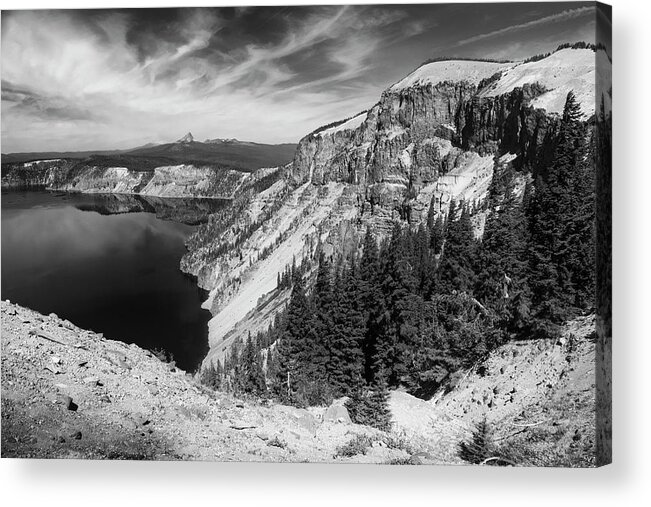 Crater Lake West Rim Acrylic Print featuring the photograph North Rim Of Crater lake B W by Frank Wilson