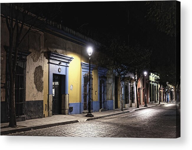 Oaxaca Acrylic Print featuring the photograph Oaxaca street at night, 2016 by Chris Honeyman