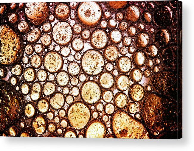 Gold Oil Water Art Acrylic Print featuring the photograph Oil on Water Bubble Abstract III by John Williams