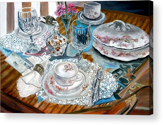 Oil Acrylic Print featuring the painting Oil Painting Still Life China Tea Set by Derek Mccrea