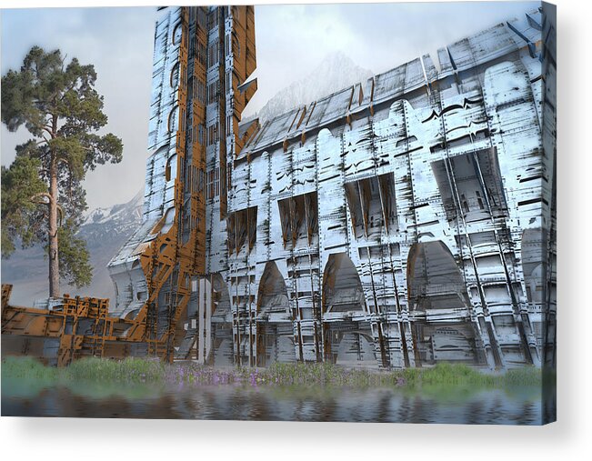 Sciencefiction Scifi Grunge Dystopian Architecture Building Fractal Fractalart Mandelbulb3d Mandelbulb Landscape Acrylic Print featuring the digital art Old Barn and Silo by Hal Tenny