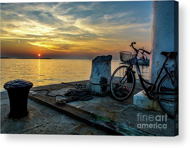 Bicycle Acrylic Print featuring the photograph Old Bicycle on Jetty at Sunset by Andreas Berthold
