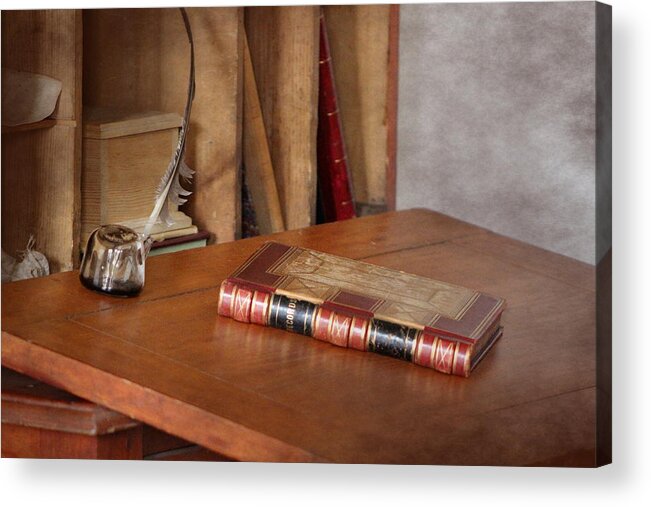 Red Book Acrylic Print featuring the photograph Old Fashioned Desk with Antique Book and Quill Photograph by Colleen Cornelius