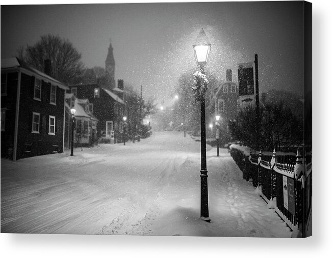 Marblehead Acrylic Print featuring the photograph Old Town Marblehead Snowstorm Looking up at Abbot Hall Black and White by Toby McGuire