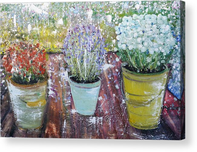 Flowers Acrylic Print featuring the painting On Grandma's Porch by Evelina Popilian