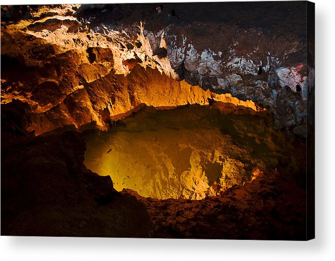 Cave Onandaga Missouri Mo Pool Reflection Night Lighting Acrylic Print featuring the photograph Onandaga Cave pool by David Coblitz
