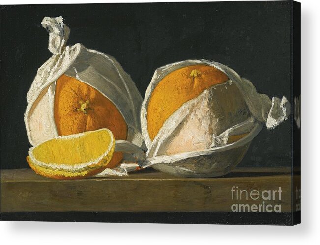 John Frederick Peto 1854 - 1907 Oranges Wrapped. Oranges Acrylic Print featuring the painting Oranges Wrapped by MotionAge Designs