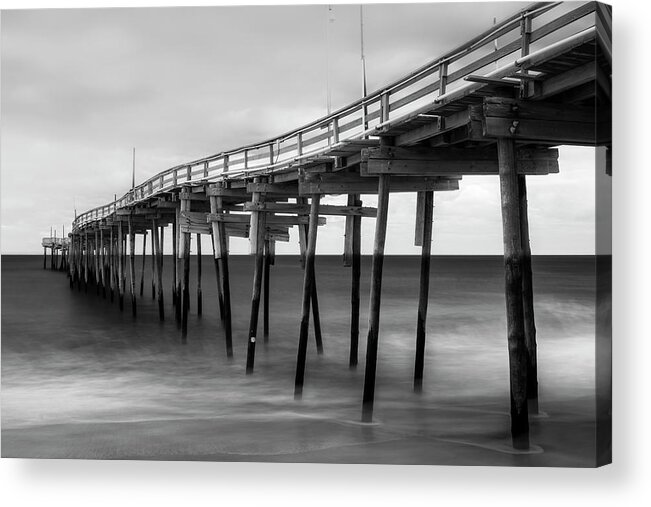 Outer Banks Acrylic Print featuring the photograph Outer Banks Avon Fishing Pier in Black and White by Ranjay Mitra