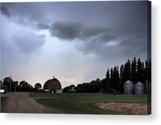 Storm Chaser Storms Gales Wind Cloud Thunder Rain Lightening Threatening Clouds Barn Track Country Road Alpaca Red Barn Hill Tornados Cloudy Railway Crossing Acrylic Print featuring the photograph Overcast by David Matthews
