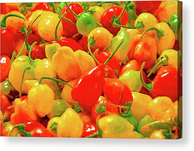 Food Acrylic Print featuring the digital art Painted Chilies by Casey Heisler