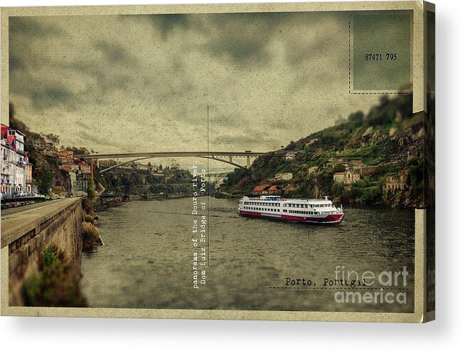 Postcard Acrylic Print featuring the digital art panorama of the Douro river, Dom Luiz Bridge of Porto, Portugal by Ariadna De Raadt