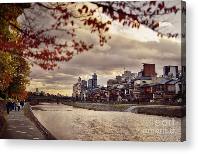 Kamo Acrylic Print featuring the photograph Pathway along Kamo River in a beautiful dramatic autumn sunset s by Awen Fine Art Prints