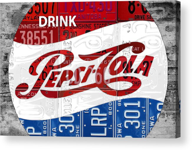 Pepsi Acrylic Print featuring the mixed media Pepsi Cola Vintage Logo Recycled License Plate Art on Brick Wall by Design Turnpike