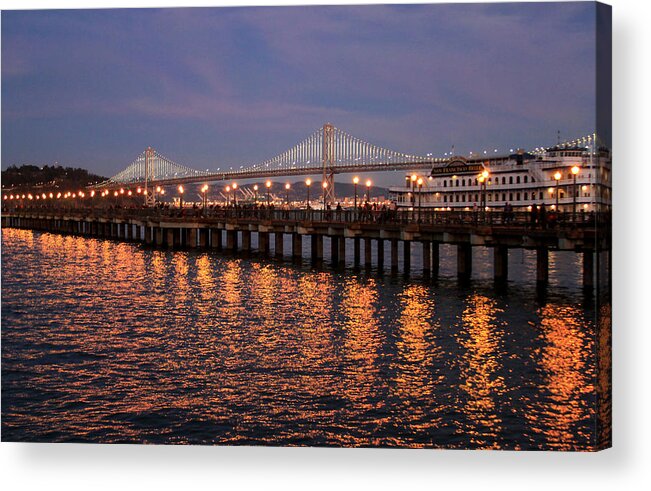 Bonnie Follett Acrylic Print featuring the photograph Pier 7 and Bay Bridge Lights at Sunset by Bonnie Follett