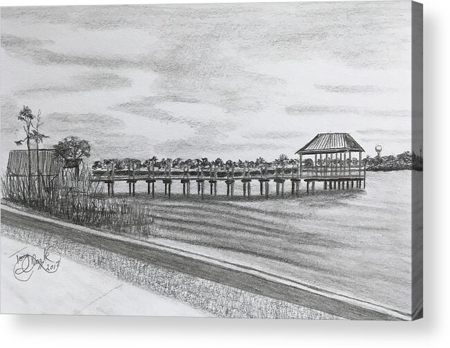 Beach Acrylic Print featuring the drawing Pier at Goose Creek by Tony Clark